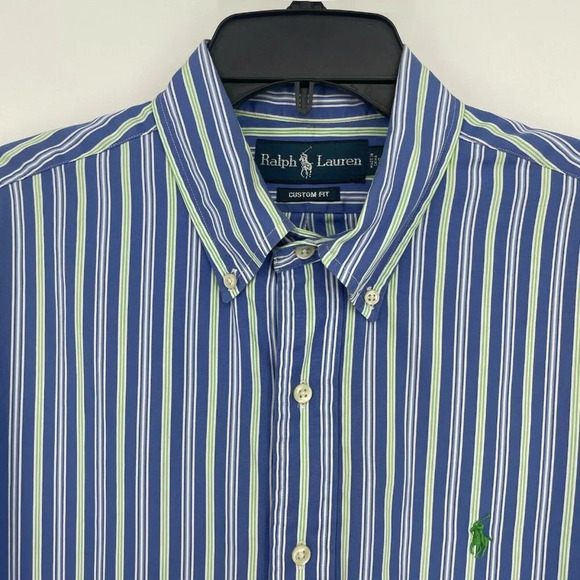 Ralph Lauren Shirt Men’s 16 Blue Green Stripe Custom Fit Button Down Long Sleeve - Picture 7 of 8